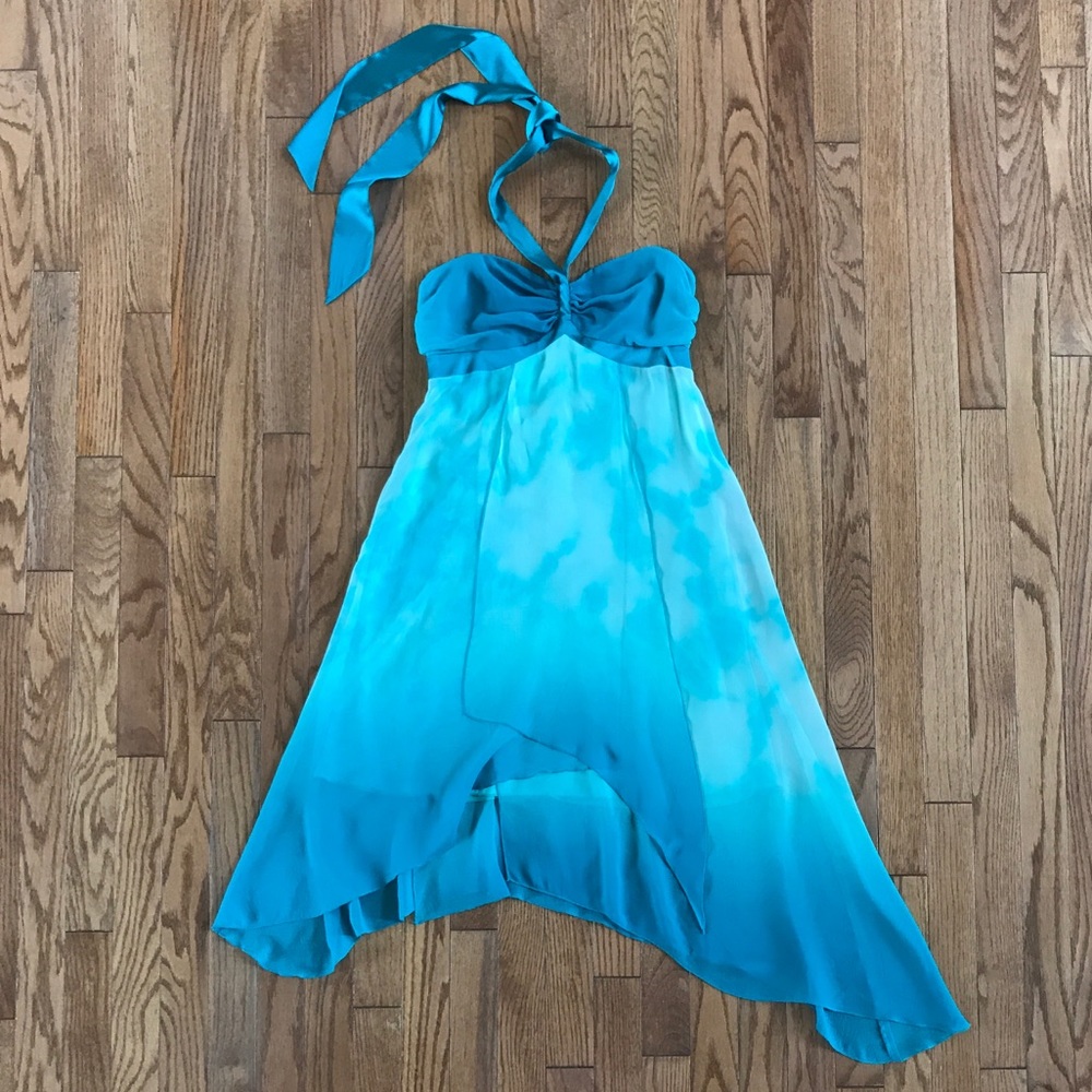 Bebe NWT 100% Silk Ombré Boho Asymmetric Midi Dress Blue Sz S - Picture 3 of 8